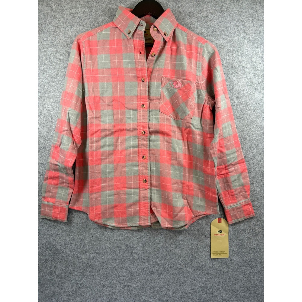 Mossy Oak Womens Buffalo Plaid Flannel Shirt Coral‎ Grey Button Down 97221W New